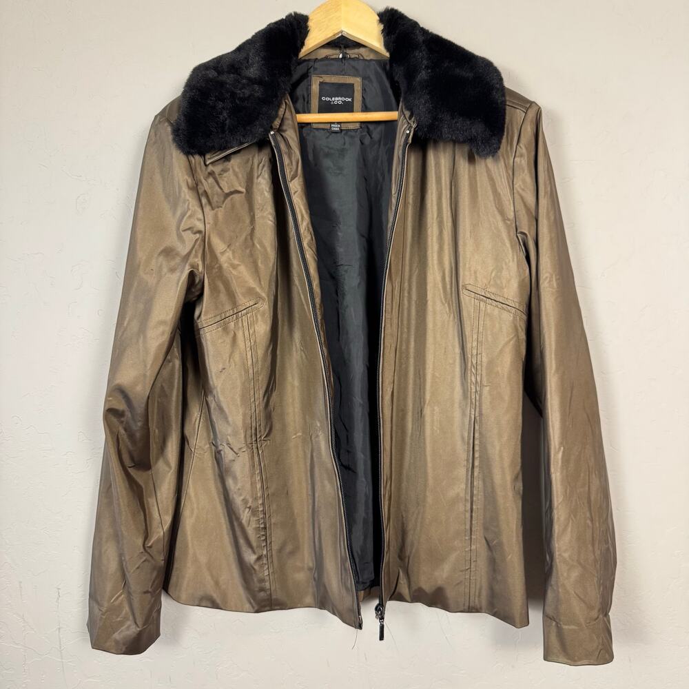 VTG Colebrook & Co Large Chic Faux Fur Collar Removable Vinyl Retro Lined Jacket